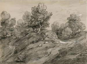 Waldige Hügellandschaft mit Schäfer und Schafen und einem Landweg, der um einen Hügel herumführt
